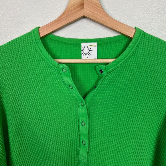 Offline By Aerie Medium Bright Green Waffle Thermal Henley Long Sleeve Shirt - Picture 2 of 10